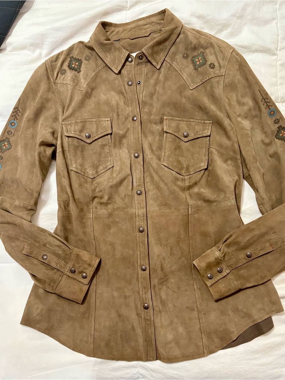 Ryann Michael Embroidered Butter Soft Suede Western Shirt Jacket in Brown